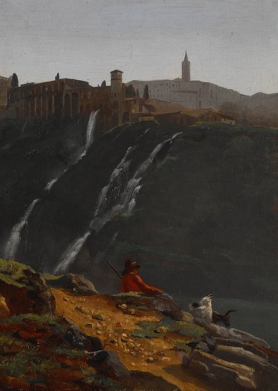 Ziegenhirte gegenüber den Wasserfällen von Tivoli von Achille Etna Michallon